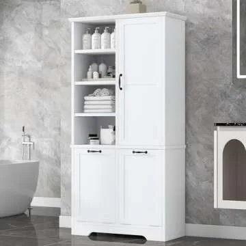 SOFTSEA 68" Double Tilt Out Laundry Hamper Cabinet, Tall Bathroom Storage Cabinet with Tilt Out Laundry Basket, Freestanding Bathroom Cabinet with Doors, Four-Layer Open Shelves, White