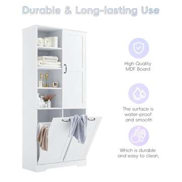 SOFTSEA 68" Double Tilt Out Laundry Hamper Cabinet, Tall Bathroom Storage Cabinet with Tilt Out Laundry Basket, Freestanding Bathroom Cabinet with Doors, Four-Layer Open Shelves, White