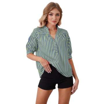 MSBESYOR Women Puff Short Sleeve Blouses Striped V Neck Loose Business Casual Shirts Office Work Dre...