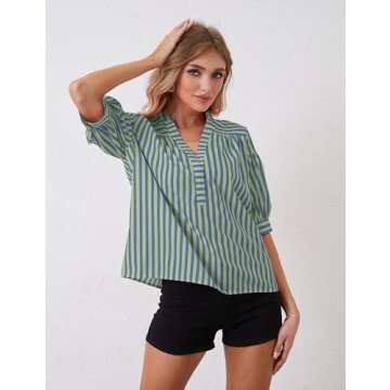 MSBESYOR Women Puff Short Sleeve Blouses Striped V Neck Loose Business Casual Shirts Office Work Dressy T Shirt Tops Green Blue