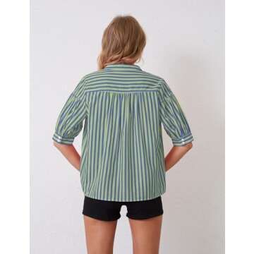 MSBESYOR Women Puff Short Sleeve Blouses Striped V Neck Loose Business Casual Shirts Office Work Dressy T Shirt Tops Green Blue