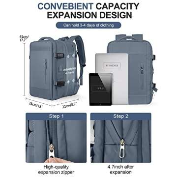 Large Laptop Travel Backpack for Women Carry On Airline Flight Approved Expandable Work Personal Item size Backpack with laptop compartment for College Men Hiking Waterproof Mochila de Viaje DarkBlue