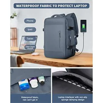Large Laptop Travel Backpack for Women Carry On Airline Flight Approved Expandable Work Personal Item size Backpack with laptop compartment for College Men Hiking Waterproof Mochila de Viaje DarkBlue