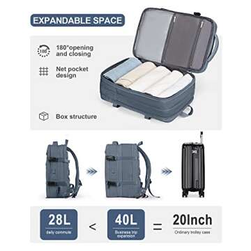 Large Laptop Travel Backpack for Women Carry On Airline Flight Approved Expandable Work Personal Item size Backpack with laptop compartment for College Men Hiking Waterproof Mochila de Viaje DarkBlue