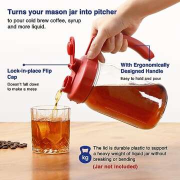 2 Pack Wide Mouth Mason Jar Lids with Handle, Airtight & Leak-proof Seal, Easy Pouring Spout, Turns ...