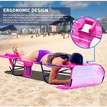 EasyGo Product FLIP Tanning Beach Chair Lounger with Face & Arm Holes-Polyester Material – Multiple Backrest Positions-Head Rest Pillow-Sand or Home Use-PATENTS Pending, Pink