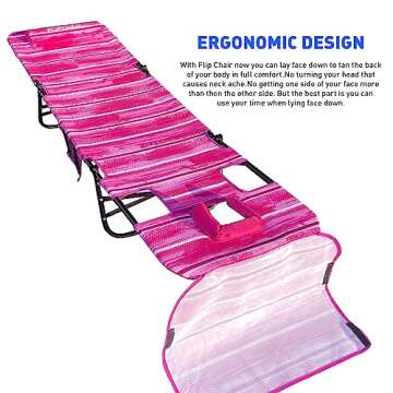 EasyGo Product FLIP Tanning Beach Chair Lounger with Face & Arm Holes-Polyester Material – Multiple Backrest Positions-Head Rest Pillow-Sand or Home Use-PATENTS Pending, Pink