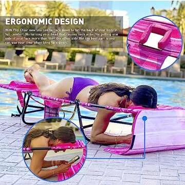 EasyGo Product FLIP Tanning Beach Chair Lounger with Face & Arm Holes-Polyester Material – Multiple Backrest Positions-Head Rest Pillow-Sand or Home Use-PATENTS Pending, Pink