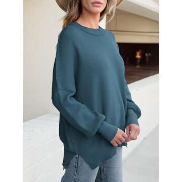 ANRABESS Women Crewneck Batwing Long Sleeve 2024 Fall Oversized Side Slit Ribbed Knit Pullover Sweaters Top Cozy Outfits