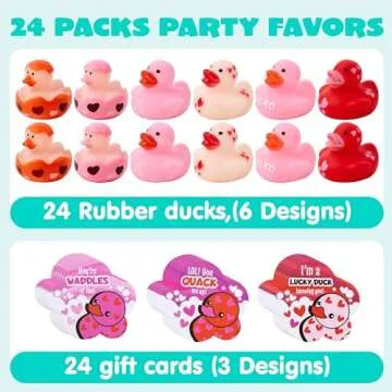 JOYIN 24 Pcs Valentine’s Day Gift Cards with Rubber Duck for Kids,Mini Rubber Duck Bath Toys for Classroom Exchange Prizes, Valentine Party Favors Toys
