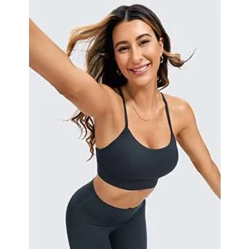 CRZ YOGA Butterluxe Womens Y-Back Racerback Sports Bra - Spaghetti Straps Wireless Scoop Neck Athletic Padded Yoga Tops True Navy Small