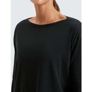 CRZ YOGA Pima Cotton Long Sleeve Workout Shirts for Women Loose Fit Athletic Yoga T-Shirts Casual Boat Neck Fall Tops Black X-Small