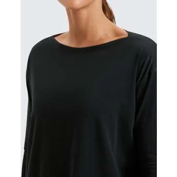 CRZ YOGA Pima Cotton Long Sleeve Workout Shirts for Women Loose Fit Athletic Yoga T-Shirts Casual Boat Neck Fall Tops Black X-Small