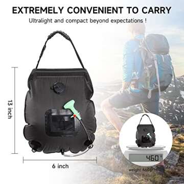 Unniweei Solar Portable Shower Bag, 5 Gal/20L Solar Heating Camping Shower Bag with Removable Hose&On-Off Switchable Shower Head, Compact Camping Shower for Camping, Hiking, Traveling, Beach Swimming