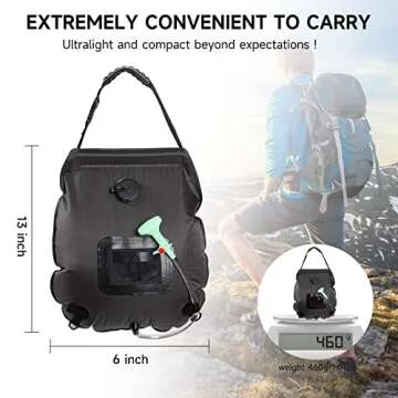 Unniweei Solar Portable Shower Bag, 5 Gal/20L Solar Heating Camping Shower Bag with Removable Hose&On-Off Switchable Shower Head, Compact Camping Shower for Camping, Hiking, Traveling, Beach Swimming