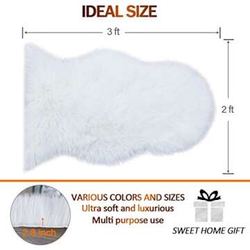 Noahas 2ft x 3ft Faux Fur Sheepskin Rugs Luxury Fluffy Rug for Bedroom Sofa Chair Cover Fuzzy Throw Home Decor Small Shaggy Carpet, White