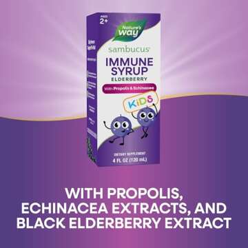 Nature's Way Sambucus Elderberry Immune Syrup for Kids Ages 2+, with Echinacea & Propolis, Daily Immune Support*, Vegetarian, Berry Flavored, 4 Fl Oz (Packaging May Vary)