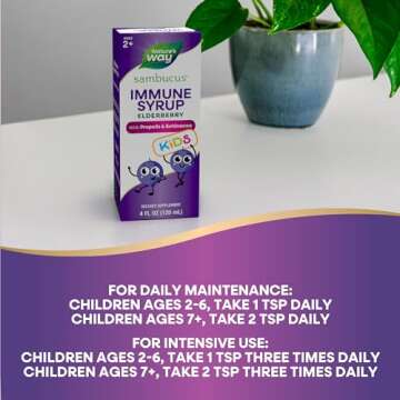 Nature's Way Sambucus Elderberry Immune Syrup for Kids Ages 2+, with Echinacea & Propolis, Daily Immune Support*, Vegetarian, Berry Flavored, 4 Fl Oz (Packaging May Vary)