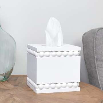 AuldHome Design Beaded Square Tissue Box Cover (White); Rustic Farmhouse Wood Tissue Holder