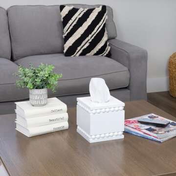 AuldHome Design Beaded Square Tissue Box Cover (White); Rustic Farmhouse Wood Tissue Holder