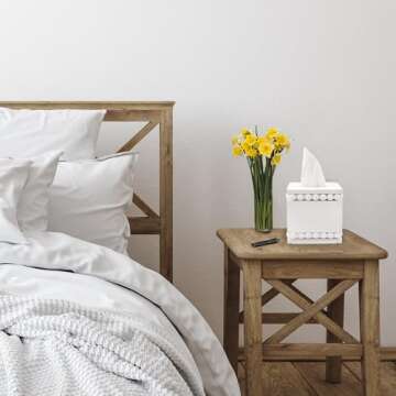 AuldHome Design Beaded Square Tissue Box Cover (White); Rustic Farmhouse Wood Tissue Holder