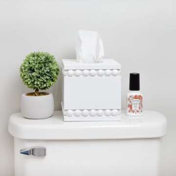AuldHome Design Beaded Square Tissue Box Cover (White); Rustic Farmhouse Wood Tissue Holder