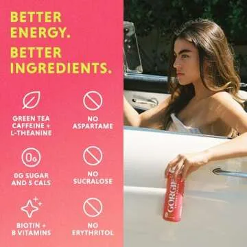 GORGIE Sugar Free Natural Energy Drinks, Sparkling Watermelon Crush (12 Pack) - Healthy Energy Drink - Natural Coffee Replacement with Green Tea Caffeine and Biotin, 150mg Caffeine, Vegan, Low Calorie