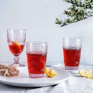 WHOLE HOUSEWARES Vintage Drinking Glasses - Set of 6 Embossed Water Glasses - 11oz Pink Glass Tumblers - Glassware Set for Water, Iced Tea, or Juice - Ideal for Weddings or Casual Dinner