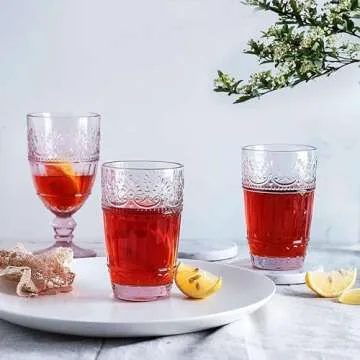 WHOLE HOUSEWARES Vintage Drinking Glasses - Set of 6 Embossed Water Glasses - 11oz Pink Glass Tumblers - Glassware Set for Water, Iced Tea, or Juice - Ideal for Weddings or Casual Dinner