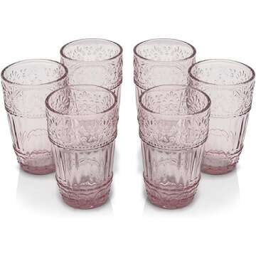 WHOLE HOUSEWARES Vintage Drinking Glasses - Set of 6 Embossed Water Glasses - 11oz Pink Glass Tumblers - Glassware Set for Water, Iced Tea, or Juice - Ideal for Weddings or Casual Dinner