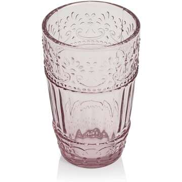 WHOLE HOUSEWARES Vintage Drinking Glasses - Set of 6 Embossed Water Glasses - 11oz Pink Glass Tumblers - Glassware Set for Water, Iced Tea, or Juice - Ideal for Weddings or Casual Dinner