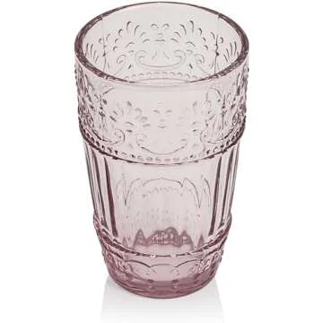 WHOLE HOUSEWARES Vintage Drinking Glasses - Set of 6 Embossed Water Glasses - 11oz Pink Glass Tumblers - Glassware Set for Water, Iced Tea, or Juice - Ideal for Weddings or Casual Dinner