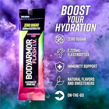 BODYARMOR Flash IV Electrolyte Packets, Strawberry Kiwi - Zero Sugar Drink Mix, Single Serve Packs, Coconut Water Powder (15 Count)