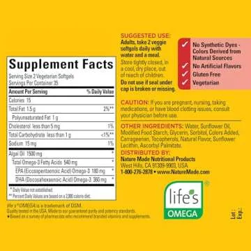 Nature Made Algae 540 mg Omega 3 Supplement, Alternative to Omega 3 Fish Oil Supplements, 70 Veggie Softgels, Sustainable, Plant-Based, for Healthy Heart, Brain, and Eye Support