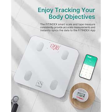 FITINDEX Smart Scale and Tape Measure, Digital Bathroom Scale & Body Tape Measure Sync with APP, Blu...