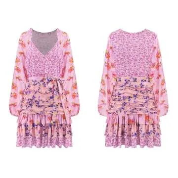 R.Vivimos Women's Summer Long Sleeve Boho Dress V Neck Floral Print Layered Ruffle Patchwork Casual Mini Sun Dress with Belt (Medium, Pink)