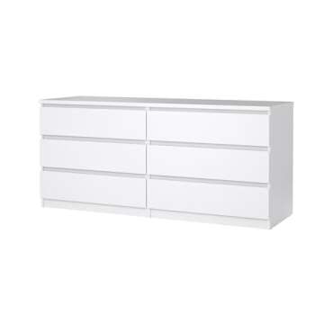 Tvilum 6 Drawer Double Dresser, White High Gloss