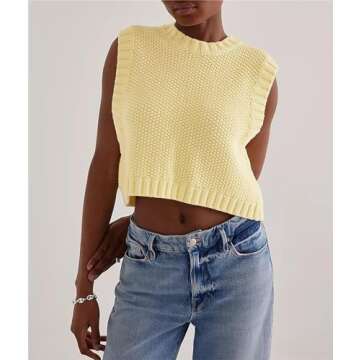 Cioatin Women Y2K Backless Tie Up Knit Crop Sweater Vest Sleeveless Round Neck Split Open Back Pullover Summer Tank Tops Yellow