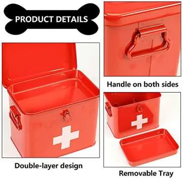 Xbopetda First Aid Kit, First Aid Medicine Supplies Bin - 2-Tier Metal Medicine Storage Tin, Samll First Aid Box with Removable Tray for Home & Workplace Emergency Tool Set - Red