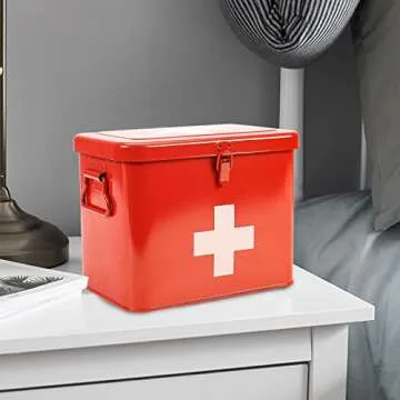 Xbopetda First Aid Kit, First Aid Medicine Supplies Bin - 2-Tier Metal Medicine Storage Tin, Samll First Aid Box with Removable Tray for Home & Workplace Emergency Tool Set - Red