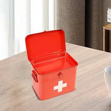 Xbopetda First Aid Kit, First Aid Medicine Supplies Bin - 2-Tier Metal Medicine Storage Tin, Samll First Aid Box with Removable Tray for Home & Workplace Emergency Tool Set - Red