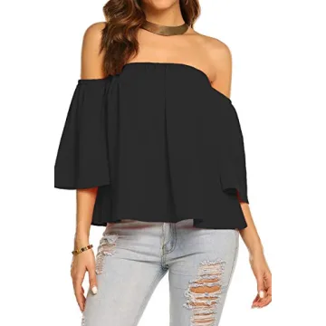 Bluetime Women Off The Shoulder Chiffon Ruffles Blouse