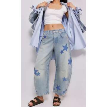 CHARTOU Y2k Barrel Jeans Women Wide Leg Jeans Baggy Distressed Printed Boyfriend Horseshoe Jeans Den...