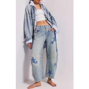 CHARTOU Y2k Barrel Jeans Women Wide Leg Jeans Baggy Distressed Printed Boyfriend Horseshoe Jeans Denim Pants (Medium,Stars)