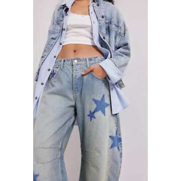 CHARTOU Y2k Barrel Jeans Women Wide Leg Jeans Baggy Distressed Printed Boyfriend Horseshoe Jeans Denim Pants (Medium,Stars)