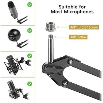 Microphone Stand Extension Arm, TONOR Studio Suspension Scissor Boom Arm with Pop Filter, 3/8" to 5/8" Adapter, Mic Clip, Upgraded Heavy Duty Clamp for Blue Yeti Snowball Ice and Other Mics(T30)