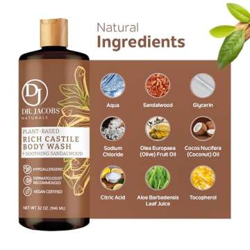 DR. JACOBS NATURALS Castile Sandalwood All-Natural Body Wash for Moisturizing Dry and Sensitive Skin Shampoo with Plant-Based Ingredients Gluten, Preservatives-Free Formula - 32 oz, Pack of 1