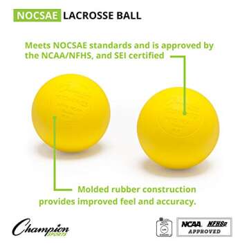 Champion Sports Colored Lacrosse Balls: Yellow Official Size Sporting Goods Equipment for Professional, College & Grade School Games, Practices & Recreation - NCAA, NFHS and SEI Certified - 2 Pack