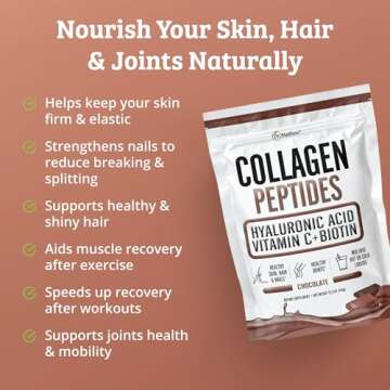 Chocolate Collagen Powder. Collagen with Hyaluronic Acid and Vitamin C. Chocolate Collagen Peptides Powder Chocolate. Collagen with Vitamin C & Biotin for Hair, Skin, Nails, Joint. Keto, Type 1 and 3.