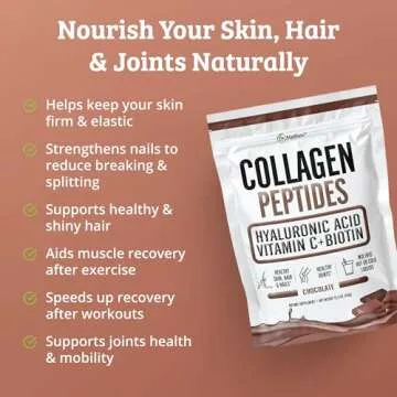 Chocolate Collagen Powder. Collagen with Hyaluronic Acid and Vitamin C. Chocolate Collagen Peptides Powder Chocolate. Collagen with Vitamin C & Biotin for Hair, Skin, Nails, Joint. Keto, Type 1 and 3.
